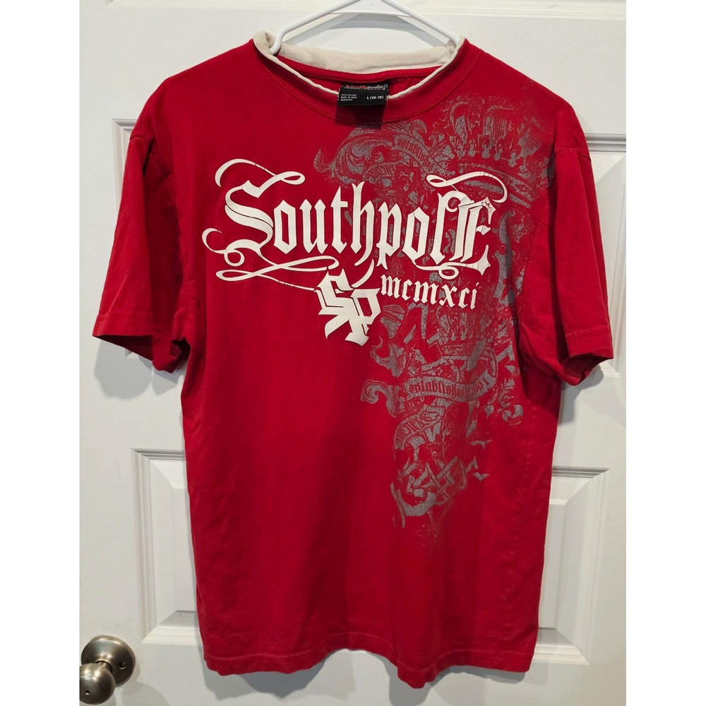 Southpole Graphic T-Shirt Boys Size L 16-18 Red Cotton Y2K Grunge Streetwear Tee